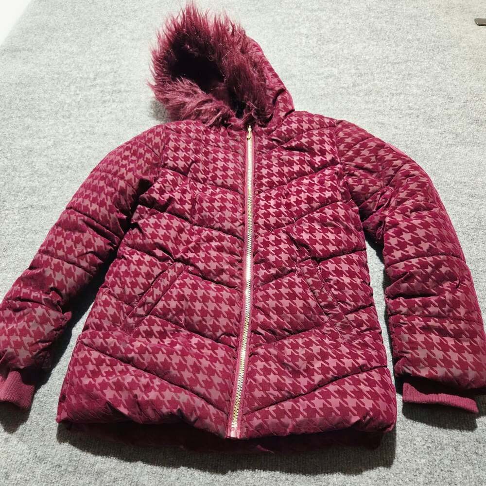 Juicy Couture Puffer Jacket Size 7/8 Burgundy Houndstooth Faux Fur Hood